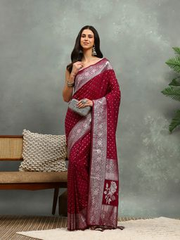 MEENA BAZAAR - Floral Zari Woven Maroon Crepe Saree with Unstitched Blouse