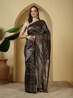 MEENA BAZAAR - Floral Zari Woven Black Crepe Saree with Unstitched Blouse