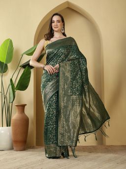 MEENA BAZAAR - Floral Zari Woven Green Crepe Saree with Unstitched Blouse