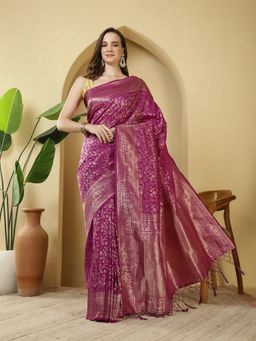 MEENA BAZAAR - Floral Zari Woven Magenta Crepe Saree with Unstitched Blouse