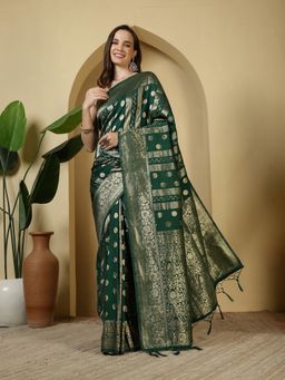 MEENA BAZAAR - Zari Woven Green Crepe Saree with Unstitched Blouse