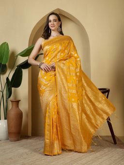 MEENA BAZAAR - Zari Woven Mustard Crepe Saree with Unstitched Blouse