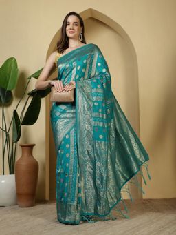 MEENA BAZAAR - Zari Woven Green Crepe Saree with Unstitched Blouse