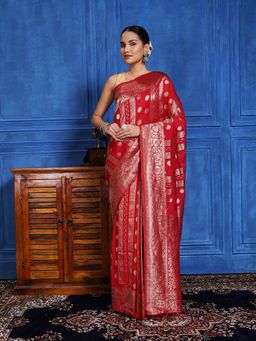 MEENA BAZAAR - Woven Red Crepe Saree with Unstitched Blouse