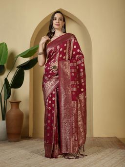 MEENA BAZAAR - Zari Woven Maroon Crepe Saree with Unstitched Blouse
