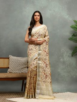MEENA BAZAAR - Printed Beige Art Silk Saree with Unstitched Blouse