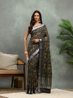 MEENA BAZAAR - Printed Black Art Silk Saree with Unstitched Blouse