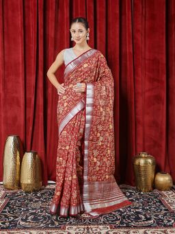 MEENA BAZAAR - Printed Maroon Art Silk Saree with Unstitched Blouse