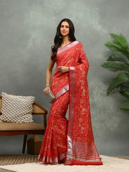 MEENA BAZAAR - Printed Red Art Silk Saree with Unstitched Blouse