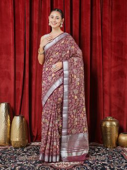 MEENA BAZAAR - Printed Wine Art Silk Saree with Unstitched Blouse