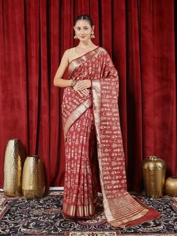 MEENA BAZAAR - Printed Maroon Art Silk Saree with Unstitched Blouse