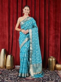 MEENA BAZAAR - Printed Blue Art Silk Saree with Unstitched Blouse