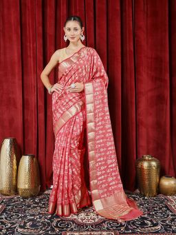 MEENA BAZAAR - Printed Pink Art Silk Saree with Unstitched Blouse
