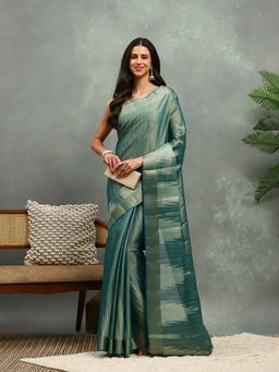 MEENA BAZAAR - Printed Green Art Silk Saree with Unstitched Blouse