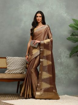 MEENA BAZAAR - Woven Brown Art Silk Saree with Unstitched Blouse