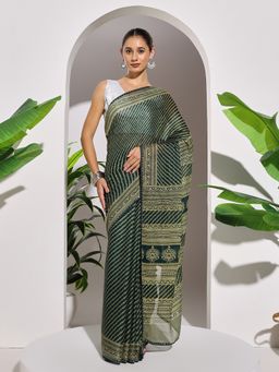 MEENA BAZAAR - Printed Green Georgette Saree with Unstitched Blouse