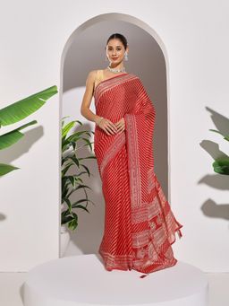 MEENA BAZAAR - Printed Red Georgette Saree with Unstitched Blouse