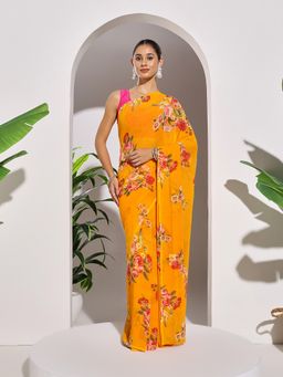 MEENA BAZAAR - Printed Orange Georgette Saree with Unstitched Blouse