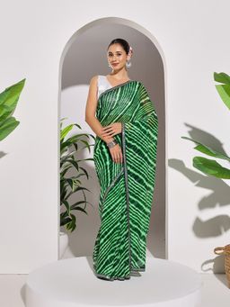 MEENA BAZAAR - Printed Green Georgette Saree with Unstitched Blouse