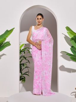 MEENA BAZAAR - Printed Pink Georgette Saree with Unstitched Blouse