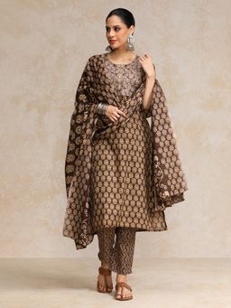 KSUT - Brown Cotton Blend Printed Kurta with Pant and Dupatta