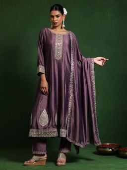 KSUT - Wine Silk Blend Embroidered Kurta with Pant and Dupatta