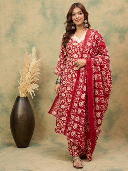 KSUT - Red Cotton Blend Floral Kurta with Pant and Dupatta