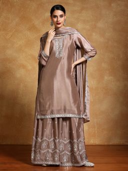 KSUT - Beige Crepe Embroidered Kurta with Sharara and Dupatta