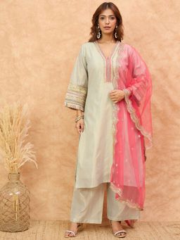 KSUT - Green Silk Blend Embroidered Kurta with Palazzo and Dupatta