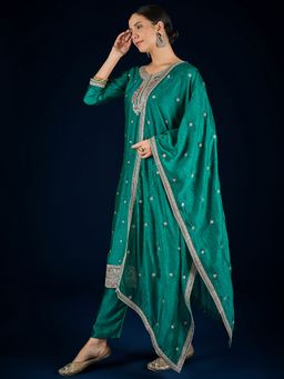 KSUT - Green Silk Blend Embroidered Kurta with Pant and Dupatta
