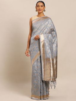 Suha - Women Designer Weaving Work Grey Saree with Unstitched Blouse