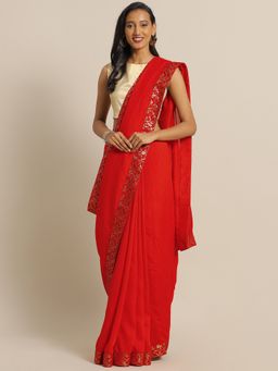 Suha - Women Designer Work Red Saree with Unstitched Blouse