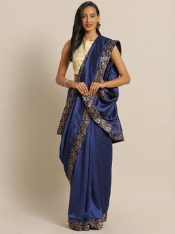Suha - Women Designer Work Navy Blue Saree with Unstitched Blouse