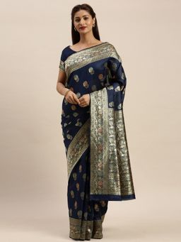 Suha - Women Designer Weaving Work Navy Blue Saree with Unstitched Blouse