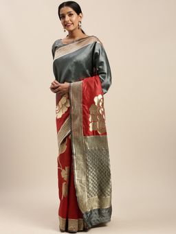 Suha - Women Designer Weaving Work Grey & Red Saree with Unstitched Blouse