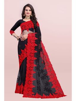 Suha - Women Classic Embroidery Work Black Saree with Unstitched Blouse