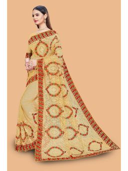 Suha - Women Beautifull Embroidered Work Cream Chiku Saree with Unstitched Blouse