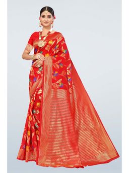 Suha - Red Weaving Work Cotton Saree with Unstitched Blouse