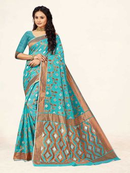 Suha - Sky Blue Weaving Work Cotton Saree with Unstitched Blouse