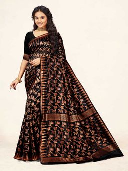 Suha - Black Weaving Work Cotton Saree with Unstitched Blouse