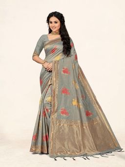 Suha - Grey Weaving Work Cotton Saree with Unstitched Blouse