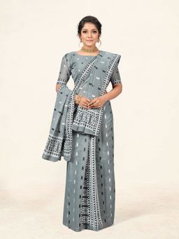 Suha - Grey Weaving Work Cotton Mekla Chador Saree with Unstitched Blouse