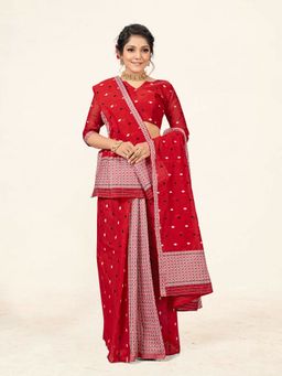 Suha - Red Weaving Work Cotton Mekla Chador Saree with Unstitched Blouse