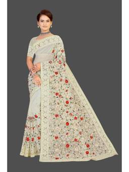 Suha - White Embroidered Work Net Saree with Unstitched Blouse
