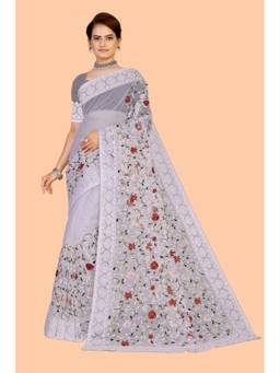 Suha - Grey Embroidered Work Net Saree with Unstitched Blouse