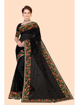 Suha - Black Embroidered Work Net Saree with Unstitched Blouse