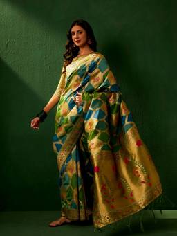 Suha - Multicolor Weaving Work Heavy Organza Jacquard Saree with Unstitched Blouse -
