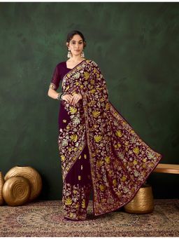 Suha - Women Purple Georgette Embroidered Saree with Unstitched Blouse