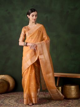 Suha - Women Orange Khadi Organza Fabric Weaving Work Saree with Unstitched Blouse