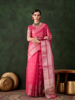 Suha - Women Pink Khadi Organza Fabric Weaving Work Saree with Unstitched Blouse